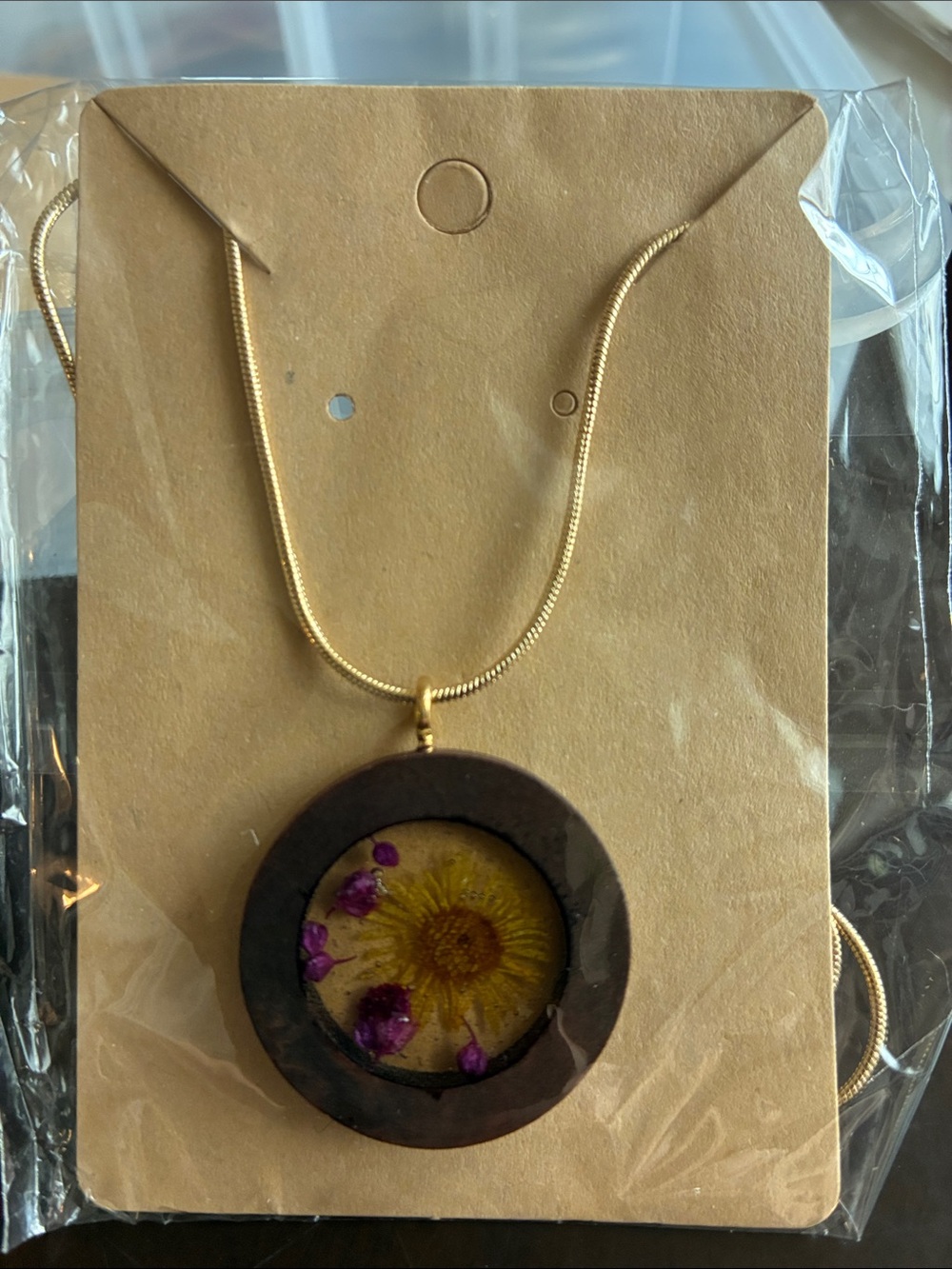 Gold-Tone Necklace with Yellow Pressed Flower Pendant